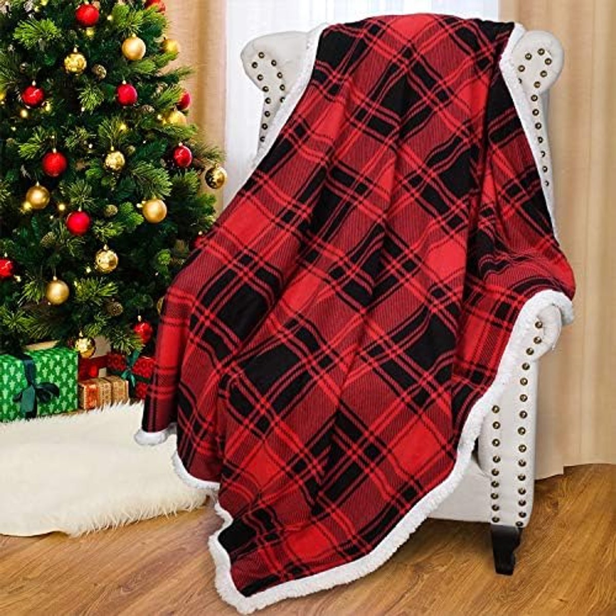 Famanu Sherpa deken buffeldeken pluizige woondeken Kerstmis geruit warme pluche microvezel winter omkeerbare deken voor bank bed 150 x 130 cm plaid rood