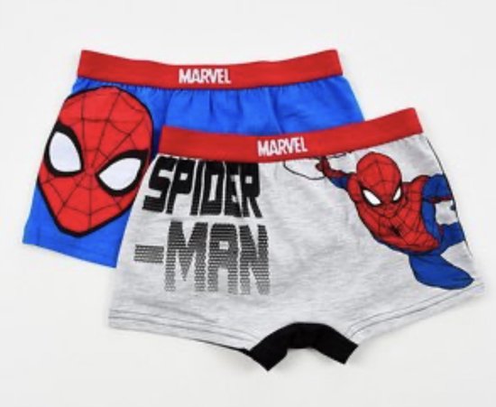 Twee Marvel Spiderman boxbroeken. Een blauwe met Spiderman gezicht en een grijze met Spiderman actiefiguur en de tekst 'SPIDER-MAN'.