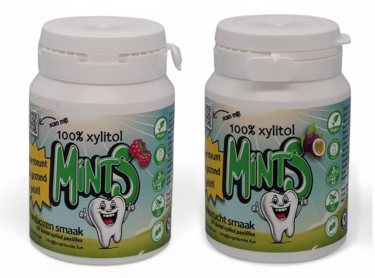 Bright Smile For You 100% Xylitol Mints - Pastilles – Suikervrij – Framboos en Passievrucht smaak – Voordeelset 2 stuks – Tegen droge mond & tandplak