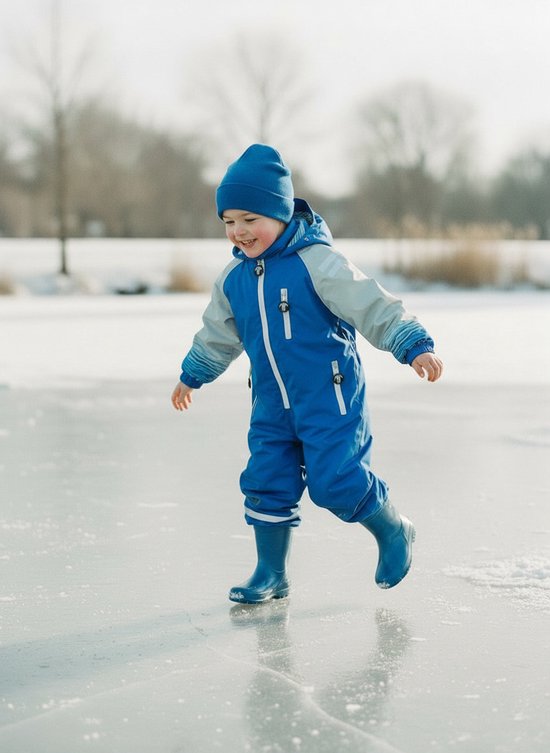 Blauwe regenoverall met capuchon, witte accenten en blauwe laarzen, in de sneeuw.