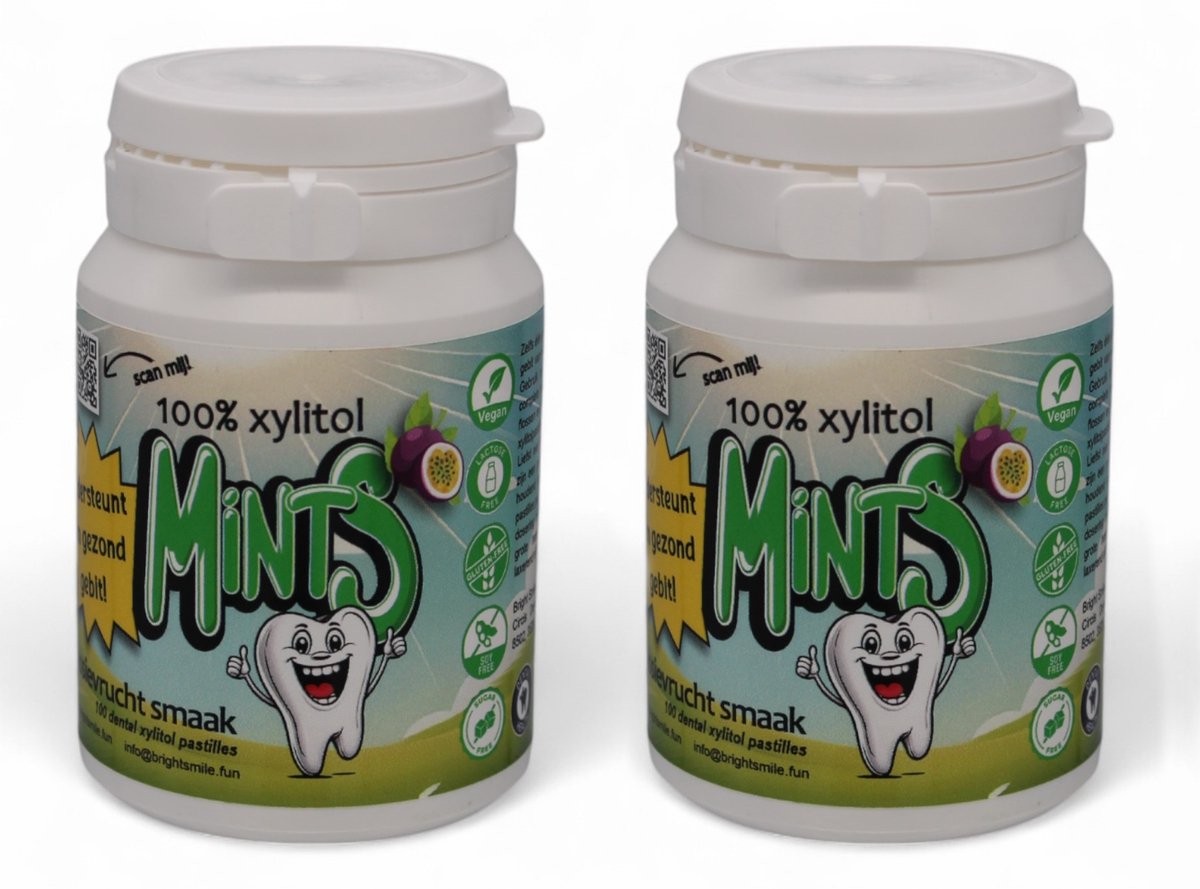 Bright Smile For You 100% Xylitol Mints - Pastilles – Suikervrij – Passievrucht smaak – Voordeelset 2 stuks – Tegen droge mond & tandplak