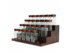 Famanu – Kruidenpotjes - vierkant - met 2-in-1 acaciahouten kruidenrek - staand – 24x120ml - set kruidenpotjes met strooiinzetstuk - BPA-vrij - 120 etiketten kruidenpotjes
