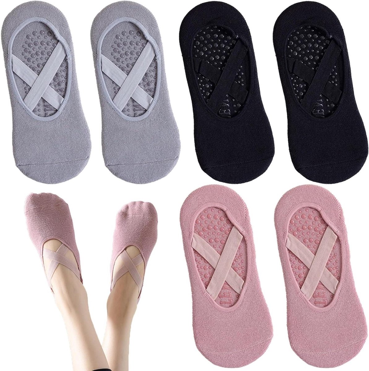 3-Pack Pilates Sokken voor Vrouwen - Antislip Yoga Grip - One Size - Ademend en Comfortabel - Ideaal voor Fitness en Pilates Reformer