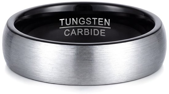 Zilverkleurige wolfraamcarbide ring met mat gesatineerde buitenkant en een gepolijste zwarte binnenkant.