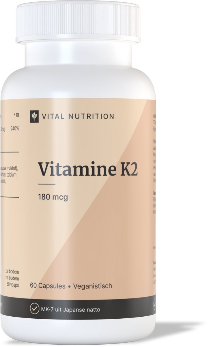 Vital Nutrition Vitamine K2 - 180 mcg - Best opneembare vorm: MK7 Menaquinone - Onafhankelijk getest - 60 capsules
