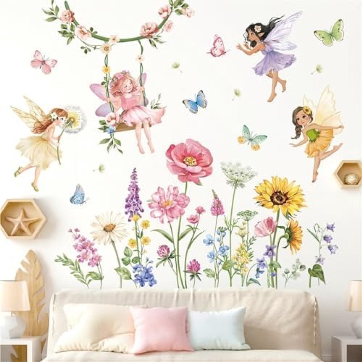 PromoHome Feeën en Bloemen Muursticker Set voor Kinderkamer