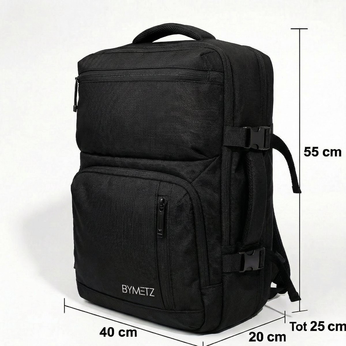 ByMetz 55x40x20 / 55x40x25 Handbagage Rugzak Uitbreidbaar - Groot Laptopvak - Zwart