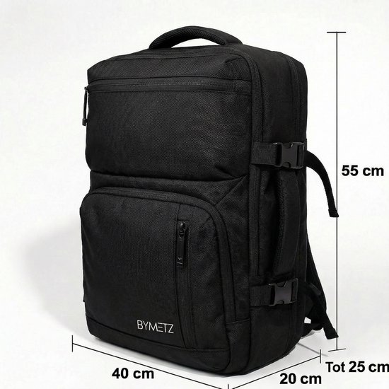 55x40x20 Sac à dos Bagage à main – Extensible jusqu'à 55x40x25 – Format valise – Compartiment Laptop 18,3 L – Ryanair, Transavia & TUI – ByMetz® – Noir