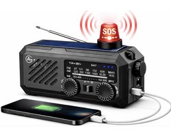 Noodradio Solar Opwindbaar en Batterij - 3 in 1 radio - Handdynamo – Opwindbare FM/AM/WB Radio – Powerbank 2000mAh – USB & USB-C opladen – Zaklamp & SOS-Alarm – Voor Noodpakket, Camping & Stroomuitval - Zwart