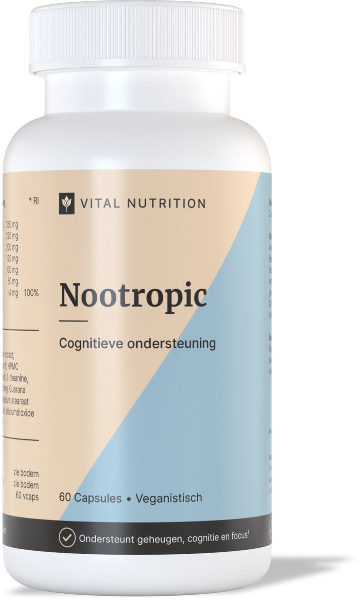 Vital Nutrition Nootropic - Bewezen cognitieve ondersteuning - 7 natuurlijke ingrediënten - Onafhankelijk getest - 60 capsules