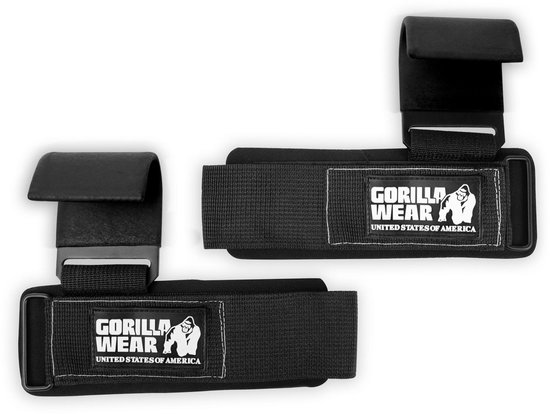 Zwarte gorilla wear lifting hooks met wit logo, brede polsband en haak.