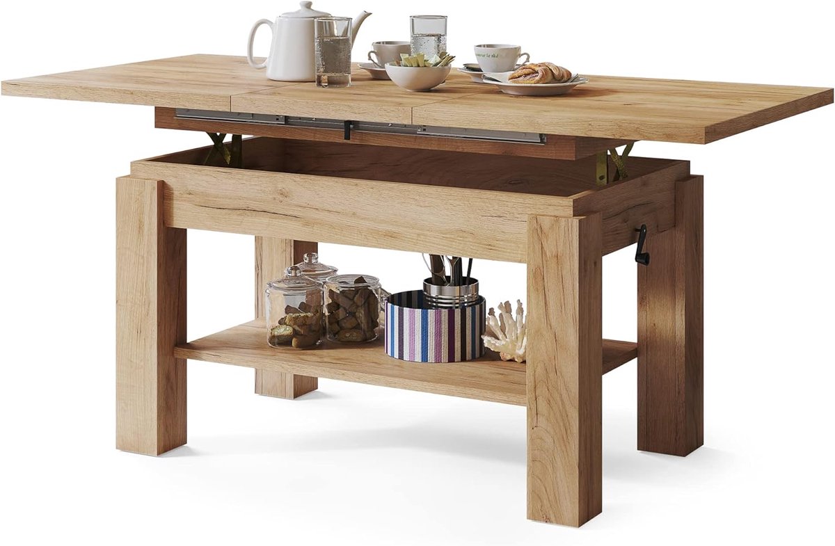 Salontafel in Hoogte Verstelbaar met Opbergruimte en Lift Top Metaal Frame – 92 x 51 x 45–61 cm – Pauwhome Elevate Storage Pro – Pauwhome