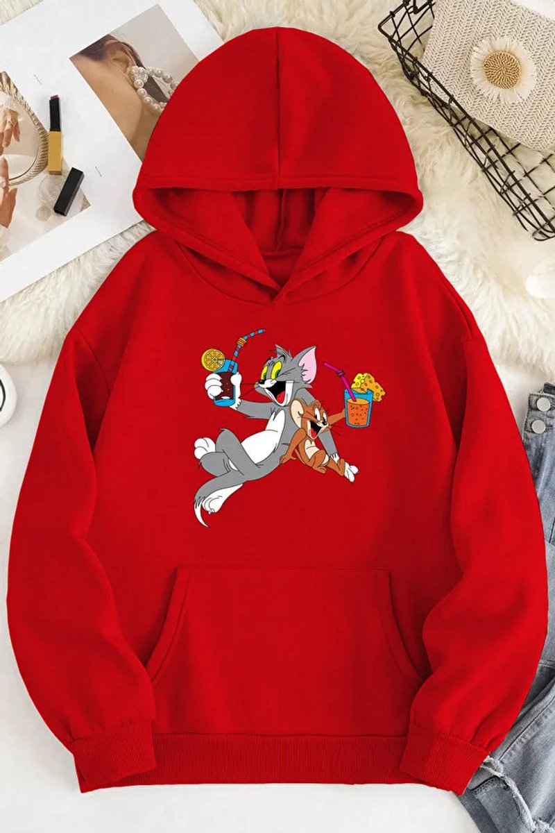 Trendy Hoodie met Tom en Jerry Cartoonprint Comfortabele Casual Sweatshirt met Capuchon voor Dames en Heren 2XL-3XL Rood