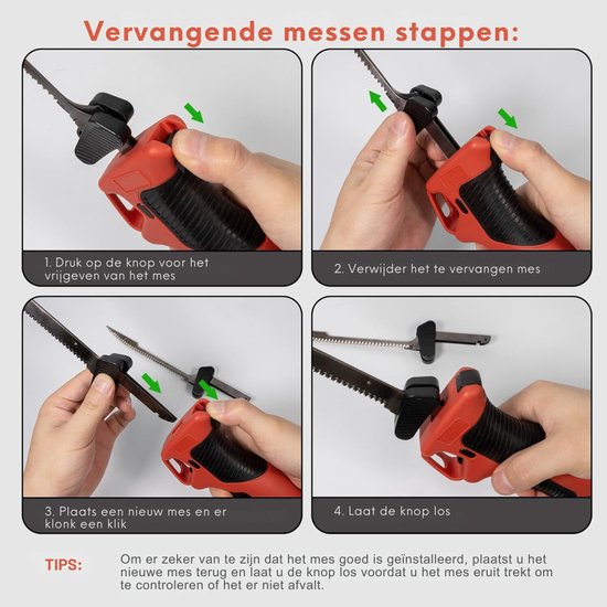 Vier stappen om een mes te vervangen: druk knop in, verwijder oud mes, plaats nieuw mes, laat knop los.