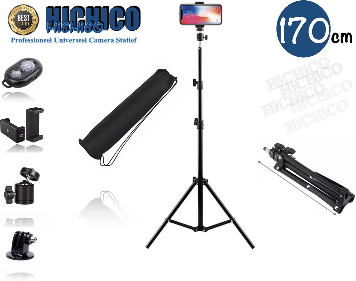 HiCHi® Telefoon Statief - Camerastatief - Tripod smartphone - Statief – Tripod 170cm met Draagtas