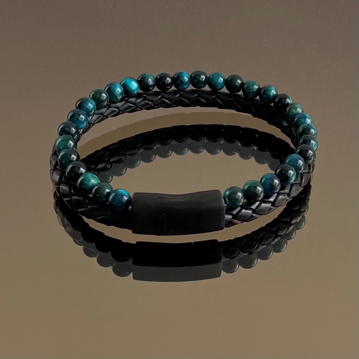 FlowJewels - Wolf Men - heren armband - leer - natuursteen - stainless steel