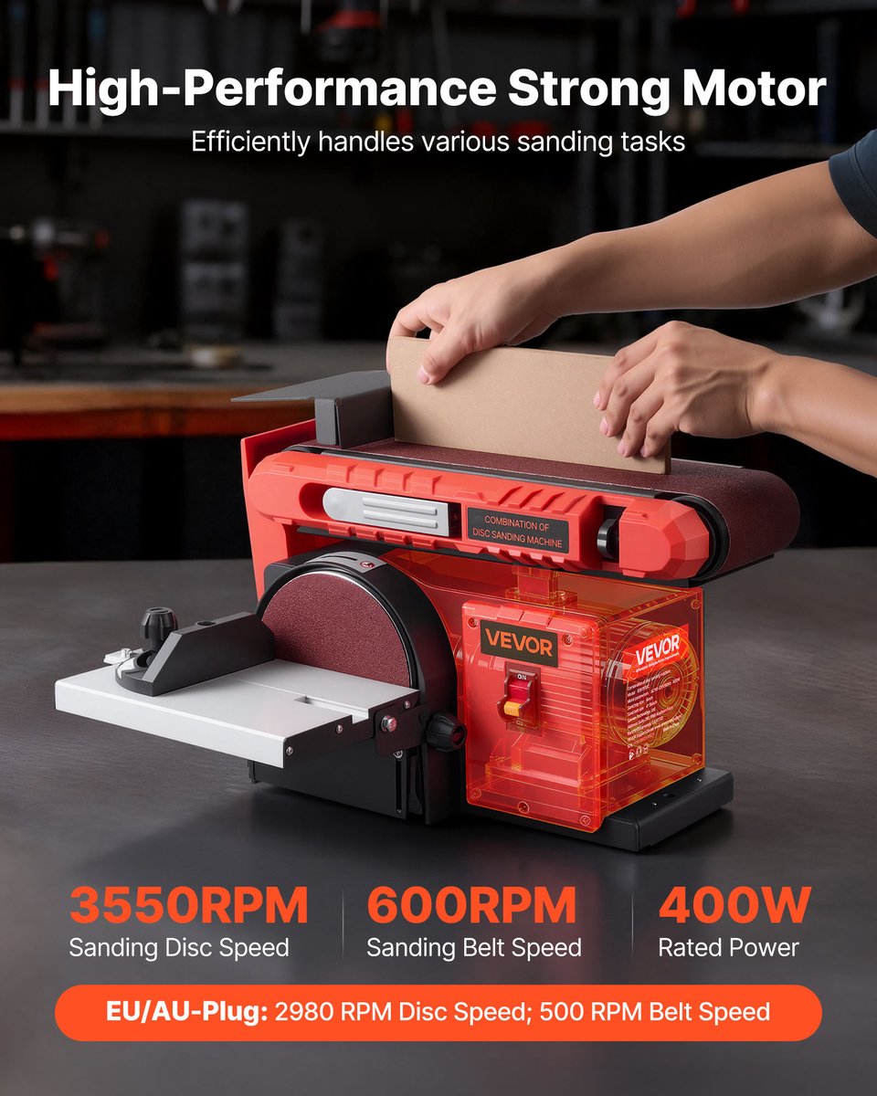 VEVOR Band- en Schijfschuurmachine 400 W, 152,4MM Schijfschuurmachine en 101,6 x 914,4MM Bandschuurmachine, met 0-45° Verstelbare Werktafel en Stofafzuigaansluiting voor Houtbewerking, Messen Slijpen – foto 3