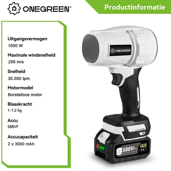 ONEGREEN Accu Bladblazer - 160 m/s Accuventilator - met 2 x Accu's - blaaskracht 1,2 kg - Borstelloze Motor - Draagbare Turbo Geblazen Lucht - voor camping, tuin, gazononderhoud en werkplaats van OneGreen — afbeelding 3
