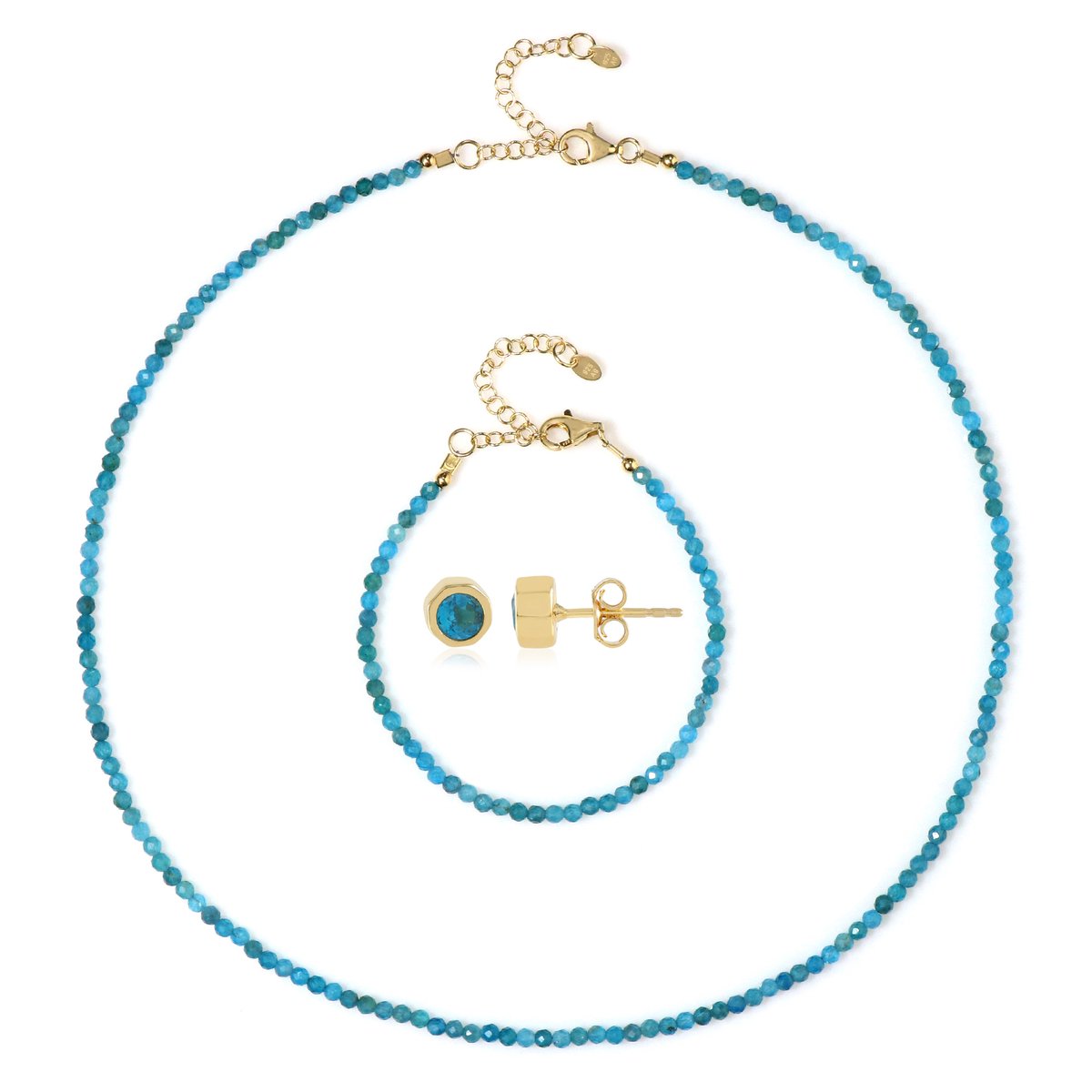 Cavill - Zilveren Sieradenset - 925 Sterling Zilver Verguld - 0.38 ct Neon Blauw Apatiet Rond Facetgeslepen - Elegante Ketting Armband Oorbellen