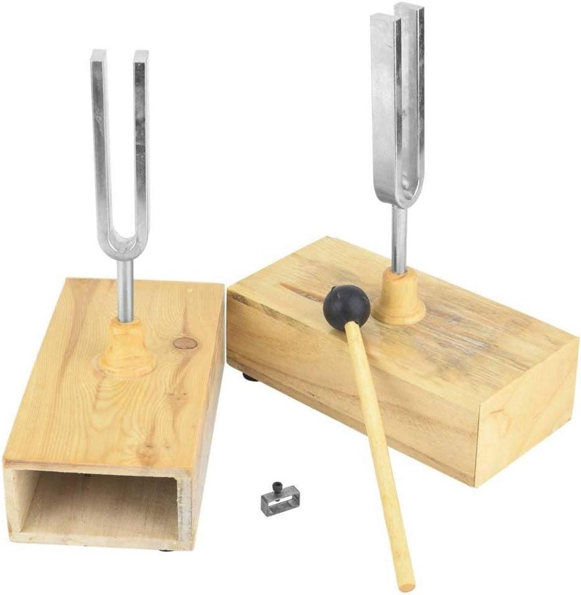 Stemvork voor experimenteel gebruik met houten resonator en klopper, 440Hz vibratie