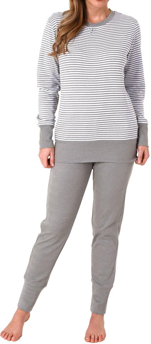 Normann Cosy damespyjama met lange mouwen en manchetten in streepjeslook - 212 201 96 258 grau