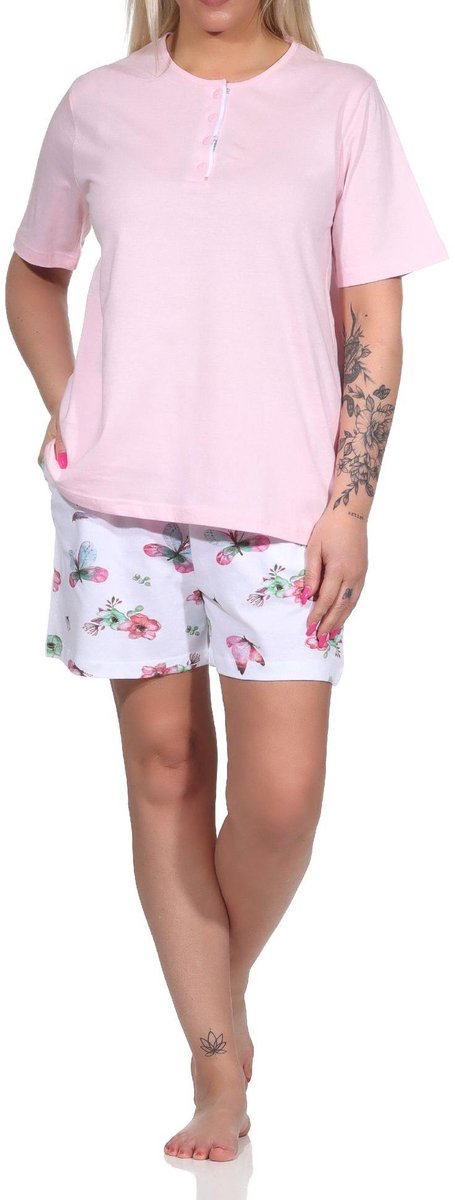 Normann Dames shorty pyjama met korte mouwen en korte broek in bloemen vlinderprint rosa