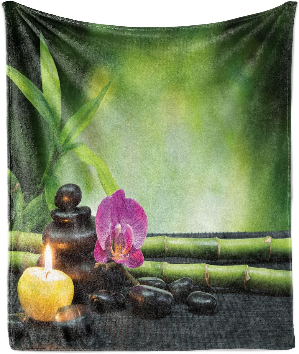 ABAKUHAUS Spa Zachte Flanellen Fleece Deken, Orchideeën Bamboe Stengels, Gezellige Pluche Plaid, 175 x 230 cm, Appelgroen Paars