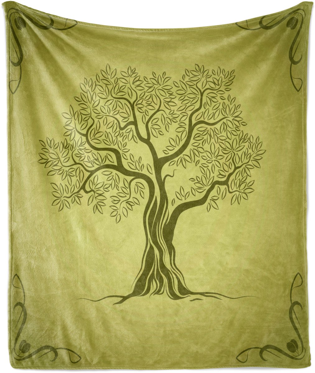 ABAKUHAUS olijfgroene zachte flanellen fleece deken, olijfboompatroon, knusse pluche plaid, 125 x 175 cm, olijfgroen