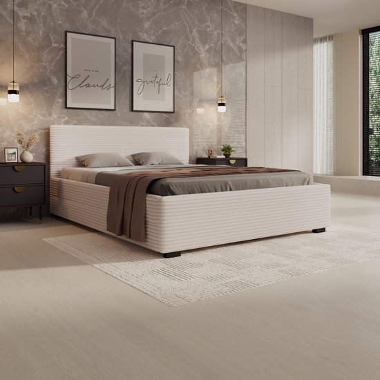 Meubella - Tweepersoonsbed Loox - Beige ribstof - 160x200 cm