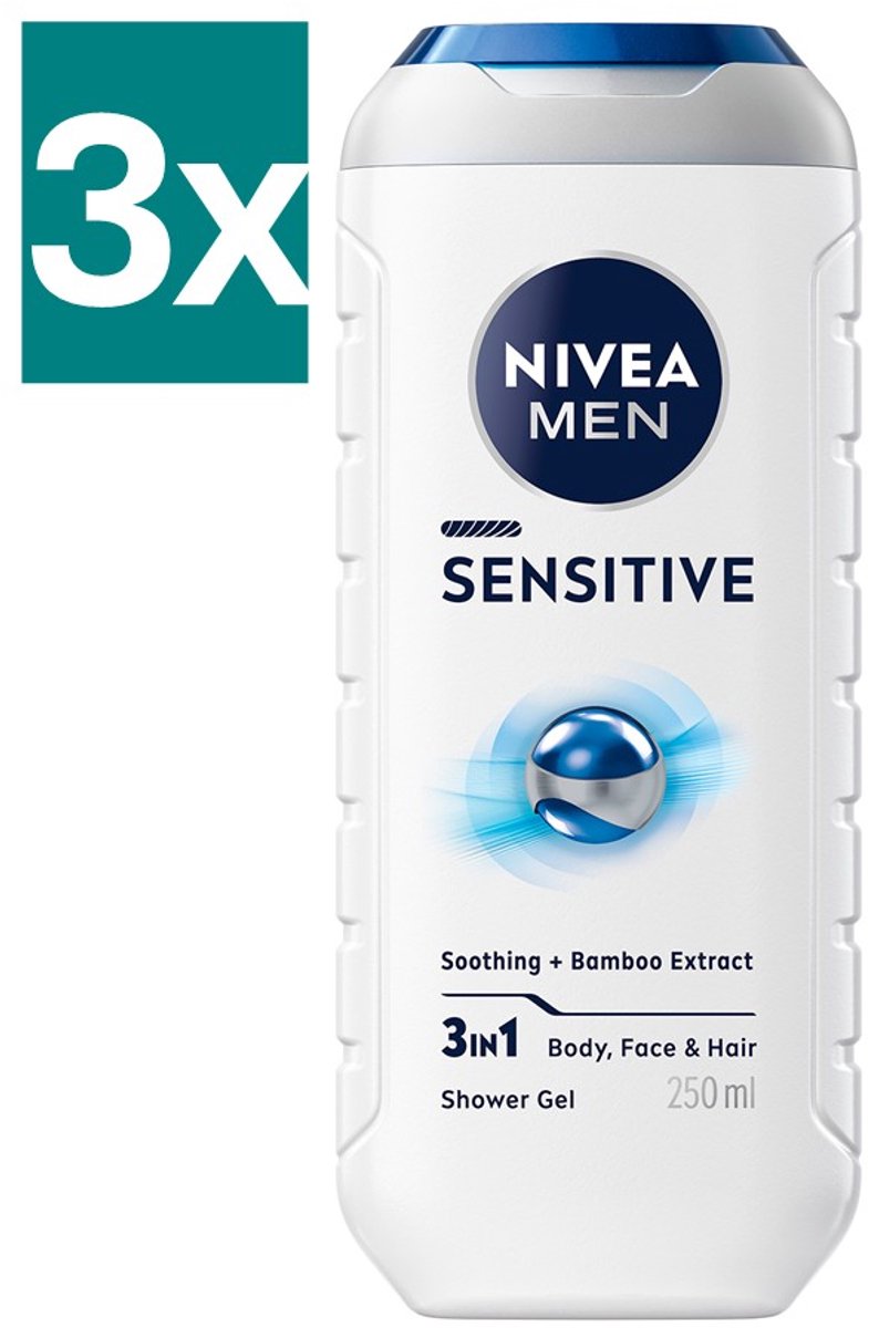 NIVEA MEN Sensitive Douchegel - 3-in-1 Shower Gel - Shampoo - Voordeelverpakking - 3 x 500 ml