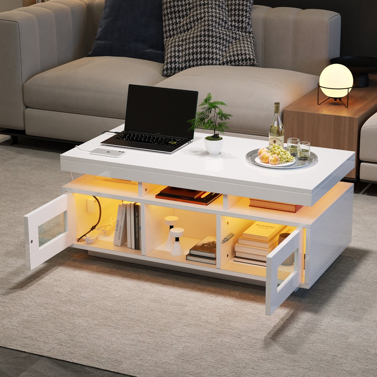 Salontafel - 100x50x43 cm - LED Met App En Stopcontact Met Kast - Hoogglans - Wit
