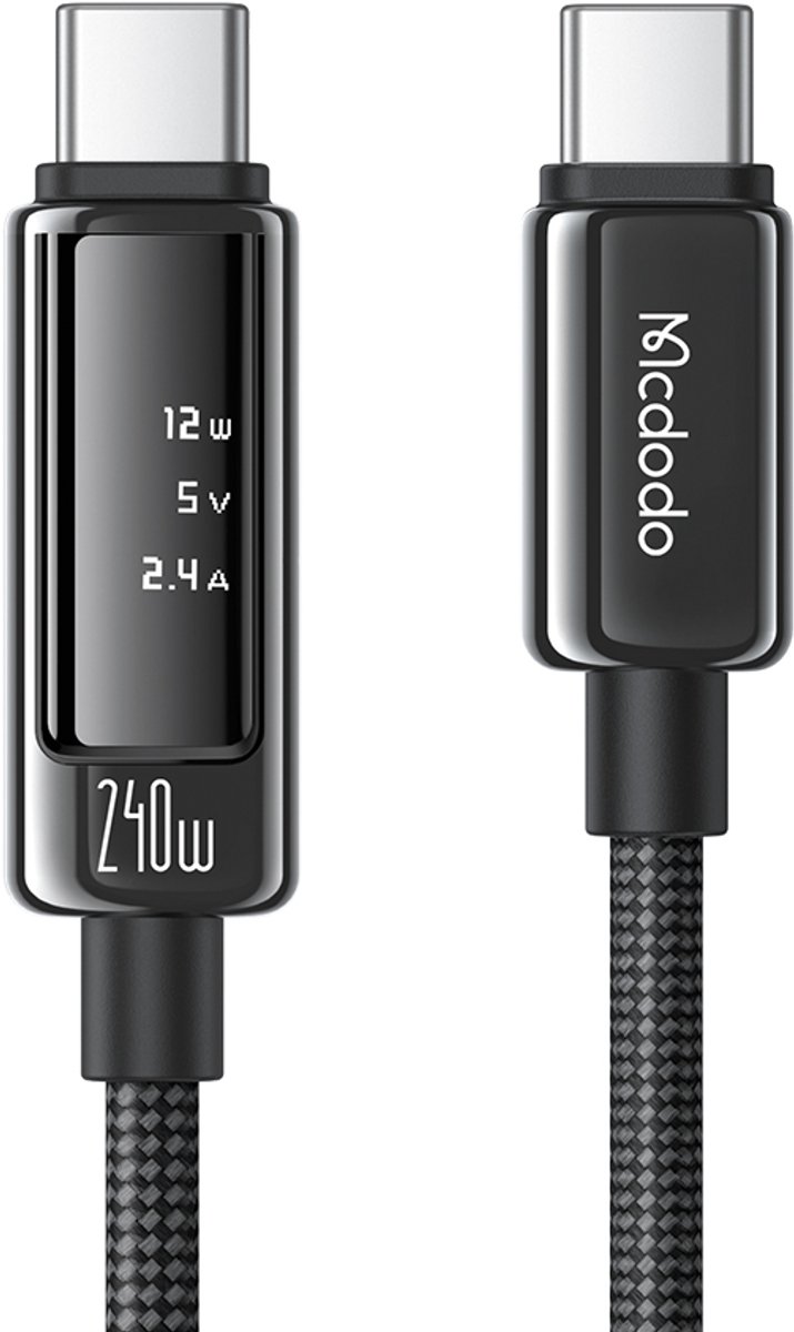 MCDODO - 240W PD Snellader USB C naar USB C Kabel - 1.2m - OLED Display - Zwart Grijs