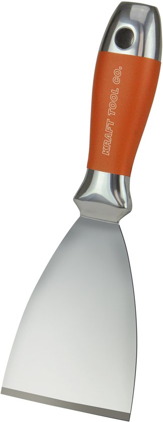 Plamuurmes met oranje handvat met de tekst KRAFT TOOL CO. en een roestvrijstalen mes.