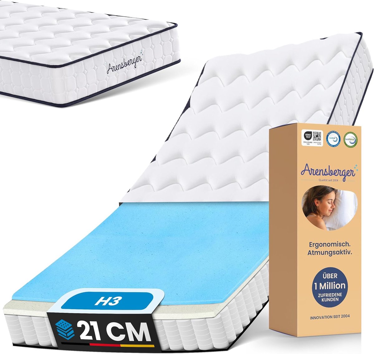 Arensberger LENA Springveermatras – 140cm x 200cm x 21cm – met Memory Foam, HR Pocketveringmatras, Hardheidsgraad H3/H4, Oprolmatras en Ergonomisch Slaapcomfort