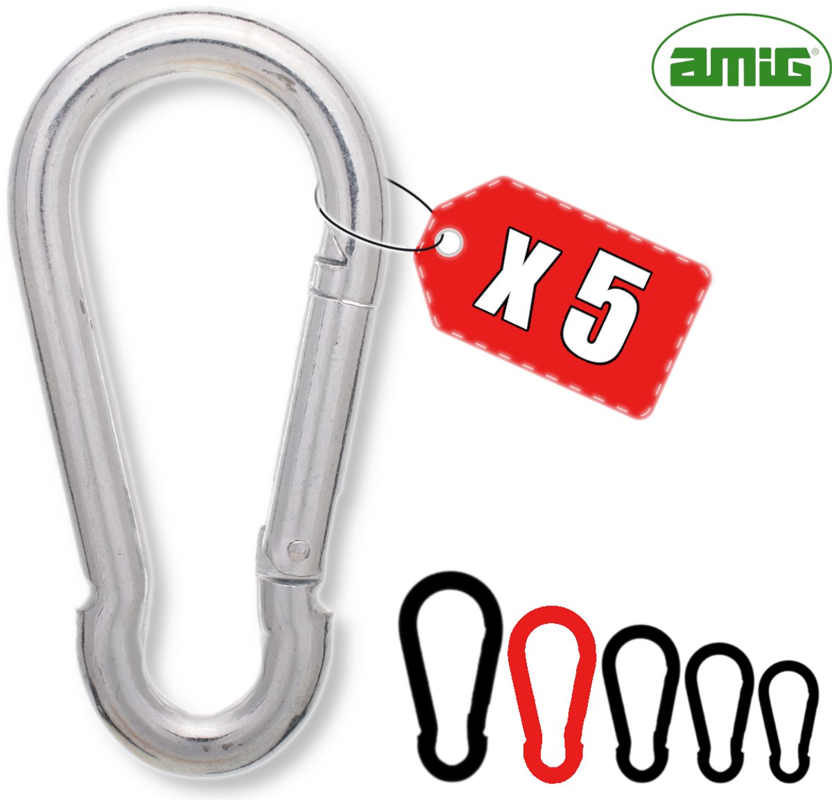 AMIG Karabijnhaak 8x80mm Groot Verzinkt Staal Veersluiting Musketonhaak Voordeelset - 5 Stuks