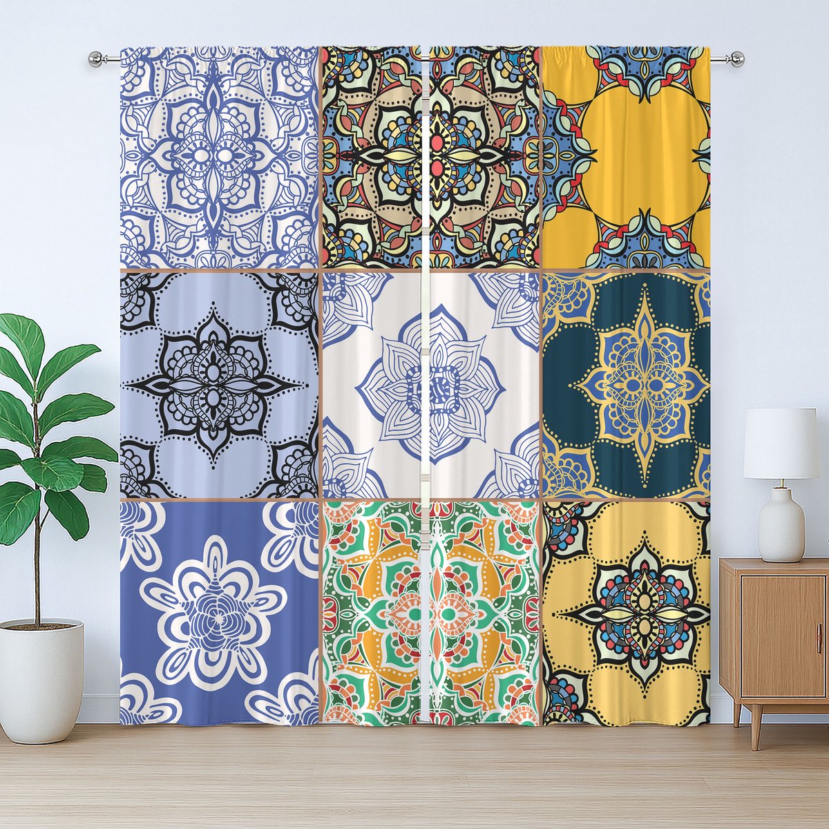 ABAKUHAUS Kleurrijk rustiek gordijn, boho Portugese tegels, met lussen en haken voor de woonkamer, 280 x 245 cm, geel, blauw, wit
