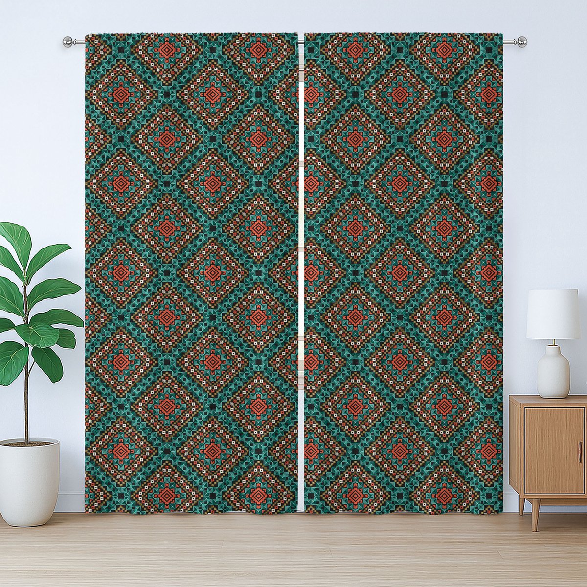 ABAKUHAUS antiek rustiek gordijn, retrostijl, met lussen en haken voor de woonkamer, 280 x 245 cm, koraalgroenblauwzwart