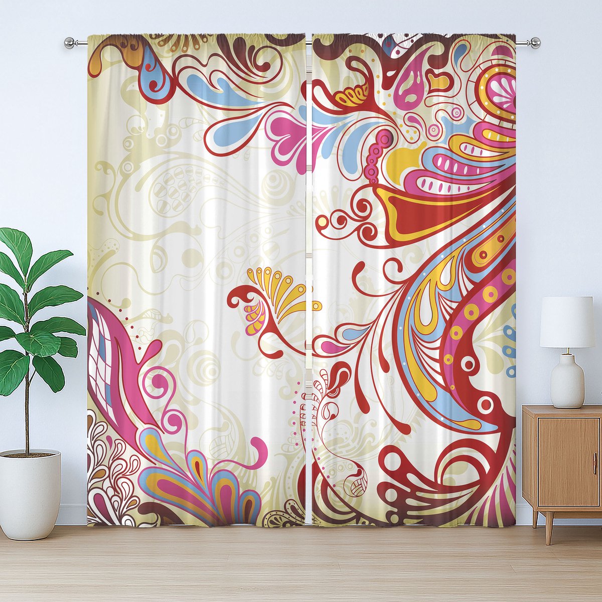 ABAKUHAUS Kleurrijk rustiek gordijn, bloemen- en paisleyboeket, met lussen en haken voor de woonkamer, 280 x 225 cm, grijs geel meerkleurig