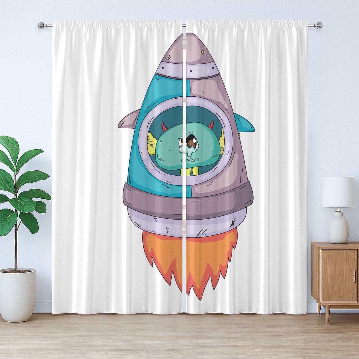 ABAKUHAUS Buitenlands rustiek gordijn, droevig figuurtje in een ruimteraket, met lussen en haken voor de woonkamer, 280 x 245 cm, wit turkoois violet