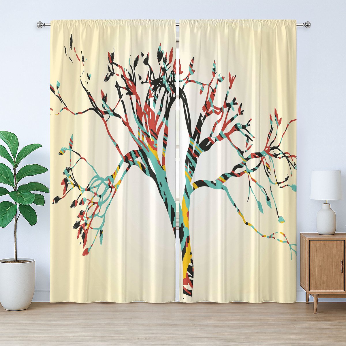 ABAKUHAUS Vintage Rustiek Gordijn, Abstracte Kleurrijke Boom, met Bandjes, Lussen en Haken voor de Woonkamer, 280 x 225 cm, Turkoois Geel Zwart