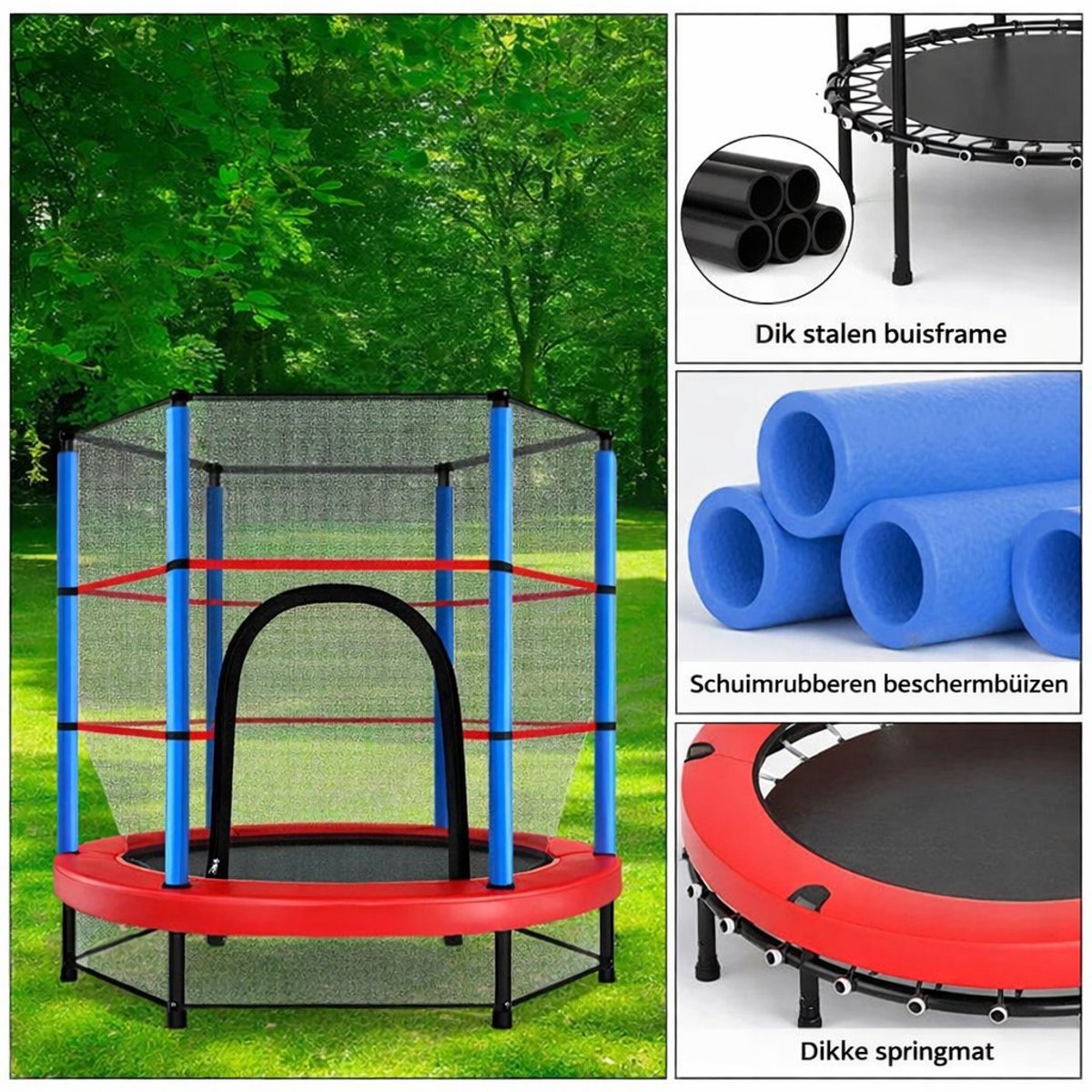Trampoline Ø140 cm – Kinder Trampoline voor Binnen en Buiten – met Verhoogd Veiligheidsnet en Stalen Frame – Blauw/Rood — afbeelding 11
