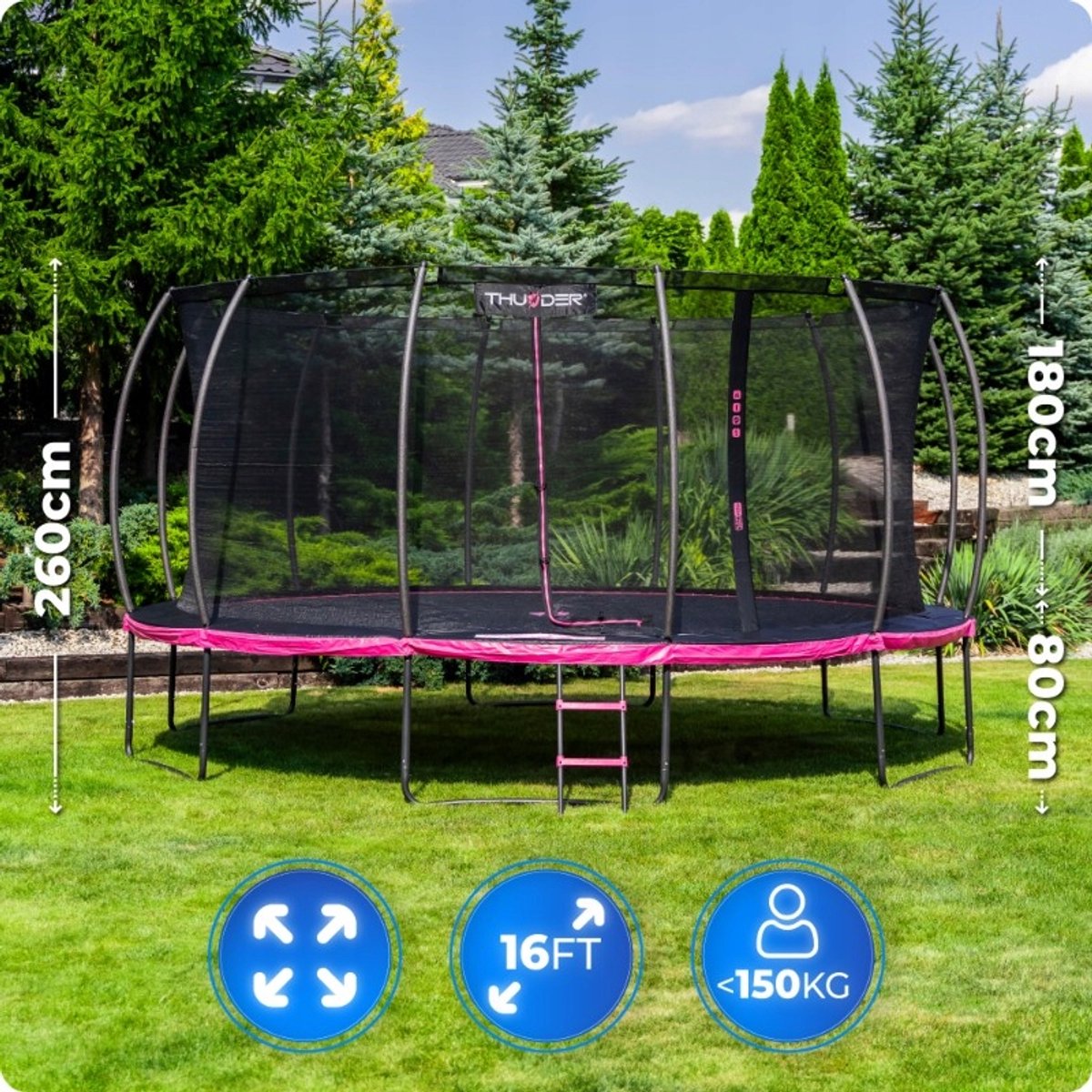 Grote Tuintrampoline 488 cm met Veiligheidsnet en Ladder – Ronde Outdoor Trampoline voor Kinderen en Volwassenen – Max 150 kg – Complete Set Roze — afbeelding 11