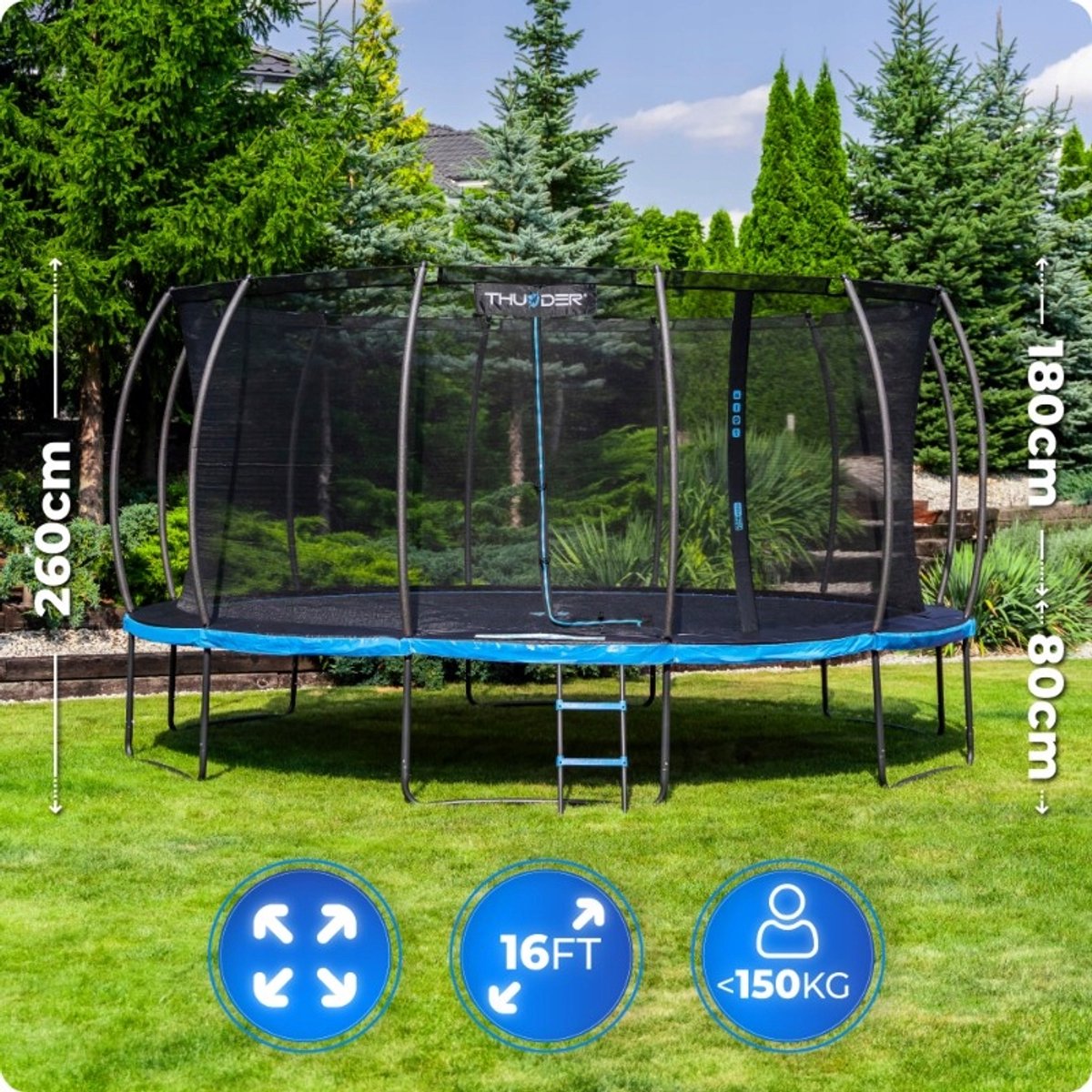 Grote Tuintrampoline 488 cm met Veiligheidsnet en Ladder – Ronde Outdoor Trampoline voor Kinderen en Volwassenen – Max 150 kg – Complete Set blauw — afbeelding 9
