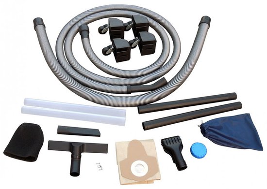 Zwart-grijze vijverstofzuigeraccessoires: slangen, buizen, borstels, zakken en wielen.