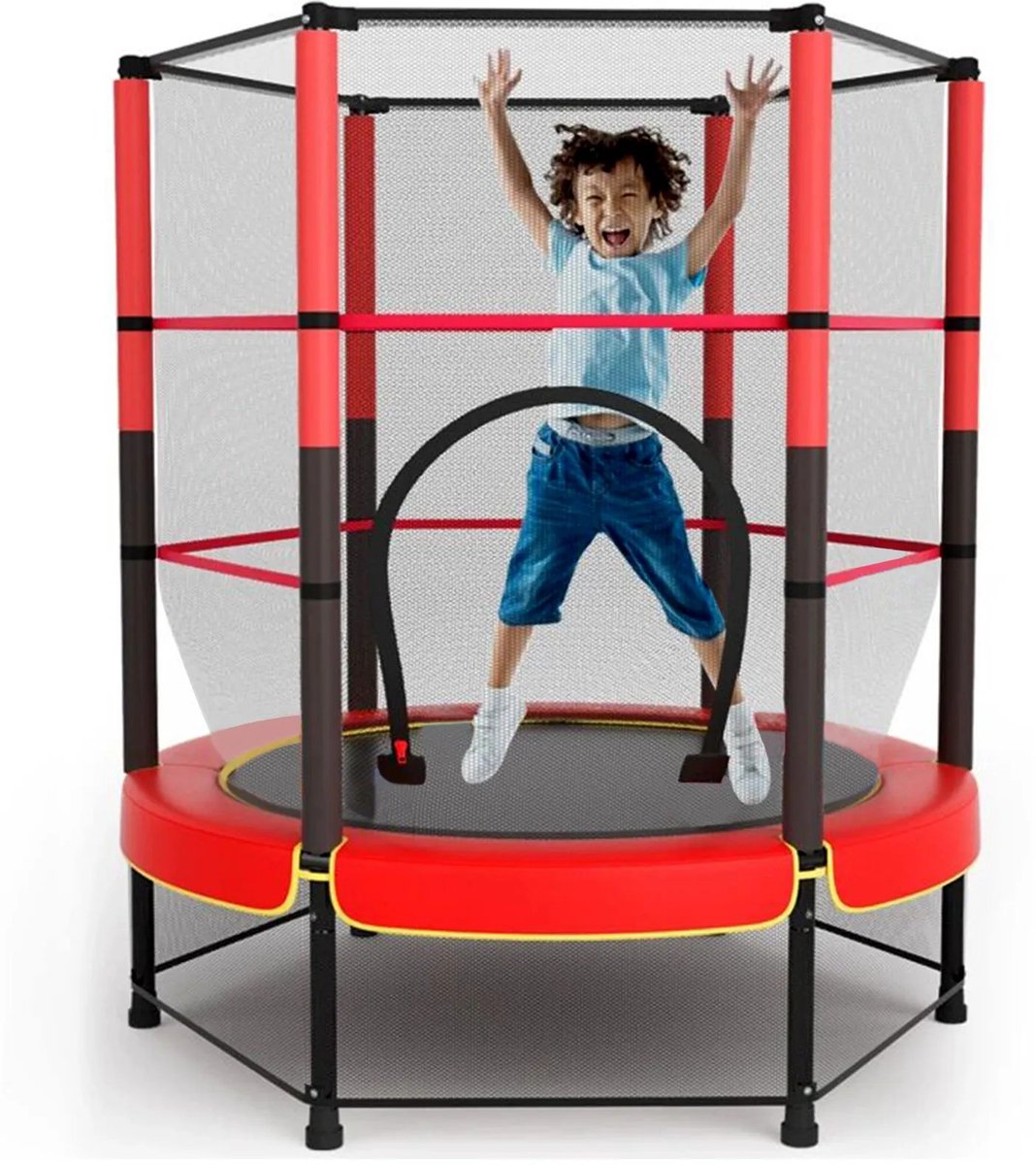 Trampoline Ø140 cm – Kinder Trampoline met Verhoogd Veiligheidsnet voor Binnen en Buiten – Stalen Frame – Rood