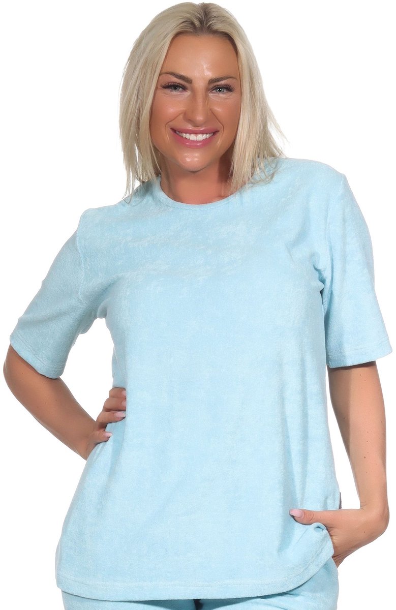 Normann Badstof Dames pyjama shirt met korte mouwen mix & match hellblau