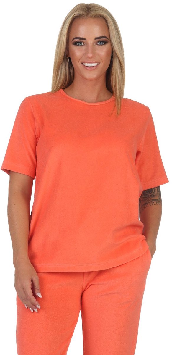 Normann Badstof Dames pyjama shirt met korte mouwen mix & match orange