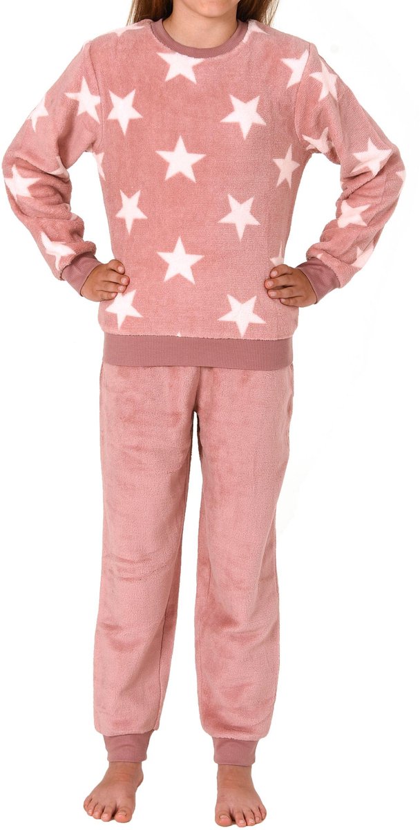 Normann Meisjespyjama met lange mouwen en stervormige manchetten in knuffelbaar warm koraalfleece rosa
