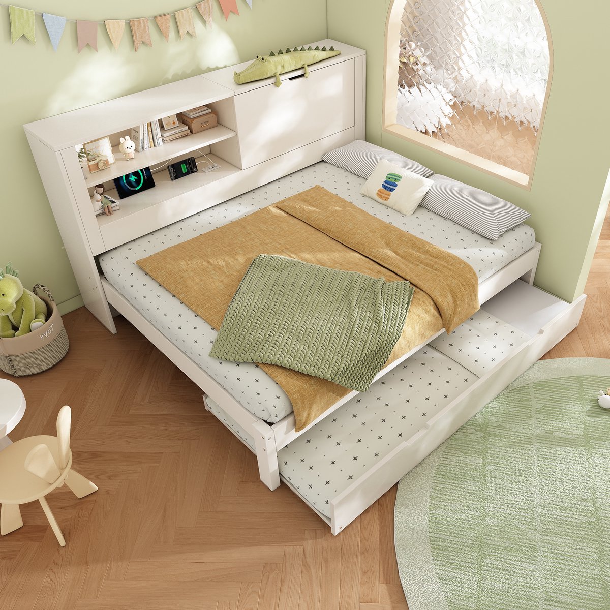 Slaapbank 140x190 cm - met uitschuifbaar bed - open vakken - opbergruimte - USB/USB-C oplaadstation - wit - zonder matras