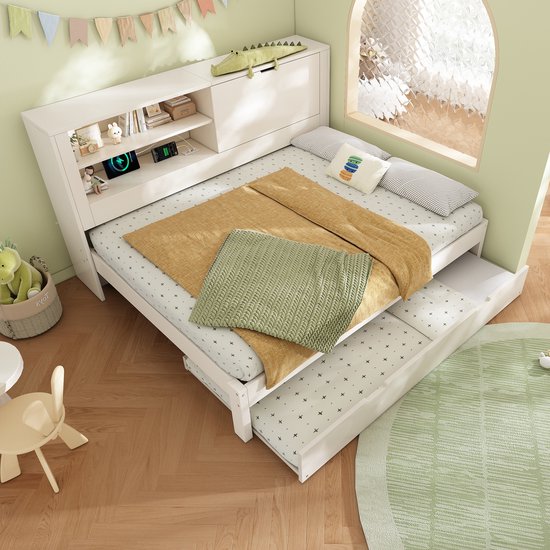 Canapé-lit 140x190 cm - avec lit coulissant - compartiments ouverts - espace de rangement - station de recharge USB/USB-C - blanc - sans matras